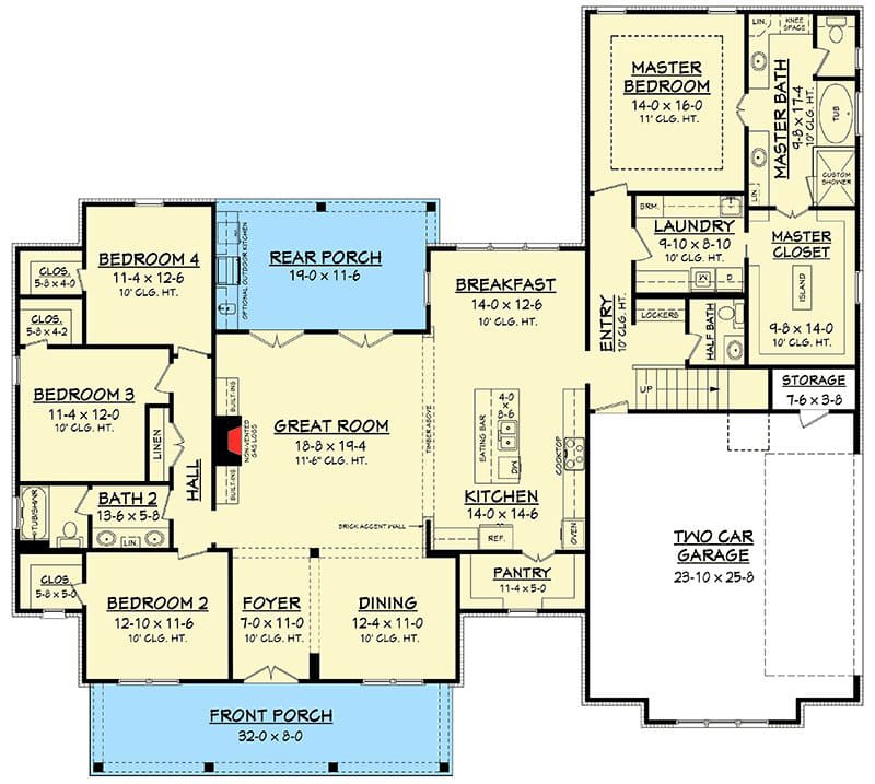 First-floor plan of the 4 bedrooms 2-story modern farmhouse-style with Great Room, Rear Porch, Front Porch, Two Car Garage, Kitchen, Dining Room, Breakfast, Master Closet, Master Bath, One and One-half Bath, Hall, Entry, Laundry Room, and Master Bedroom with 3 more bedrooms, Storage room, Pantry, Storage Room, and Foyer