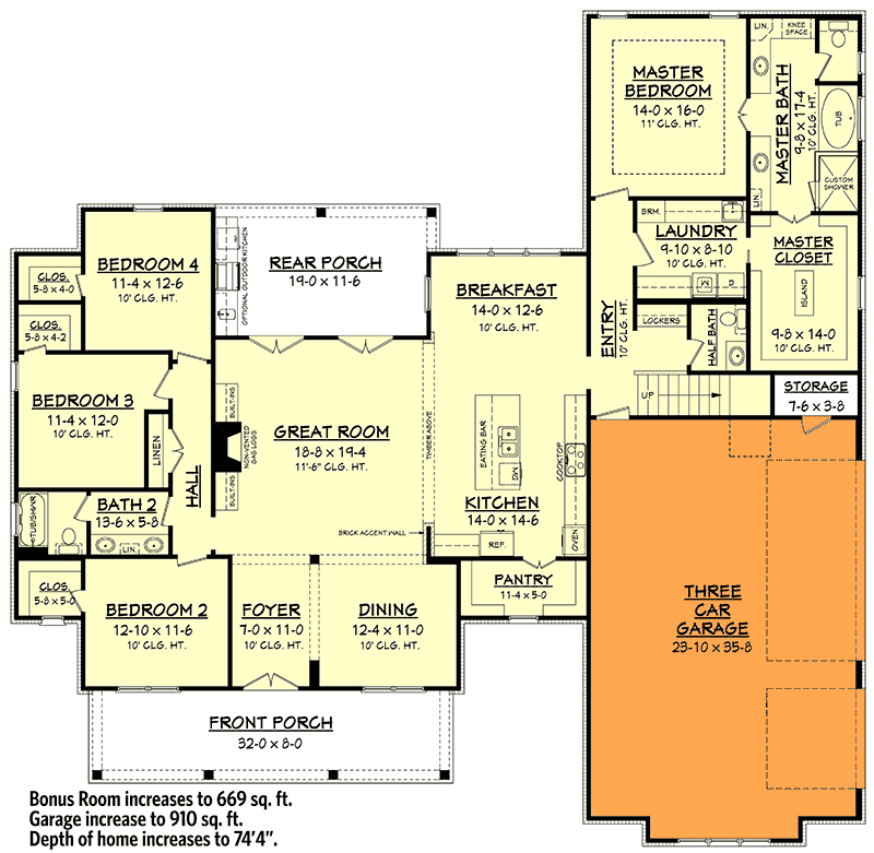 Third Floor Plan of the 3 Car Garage 2 Story Modern Farmhouse-Style with Great Room, Rear Porch, Front Porch, Three Car Garage, Kitchen, Dining Room, Breakfast, Master Closet, Master Bath, One and One-half Bath, Hall, Entry, Laundry Room, and Master Bedroom with 3 more bedrooms, Storage room, Pantry, Storage Room, and Foyer Room