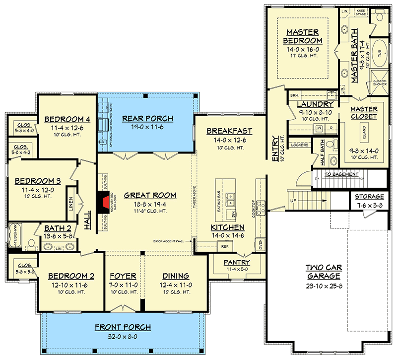 Fourth Floor Plan with Great Room, Rear Porch, Front Porch, Two Car Garage, Kitchen, Dining Room, Breakfast, Master Closet, Master Bath, One and One-half Bath, Hall, Entry, Laundry Room, and Master Bedroom with 3 more bedrooms, Storage room, Pantry, Storage Room, Foyer Room, and Basement Stairs.