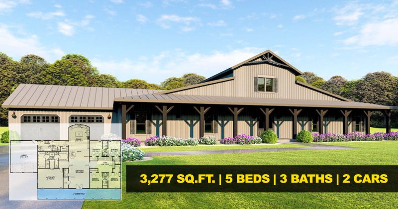3D render front perspective of the 5-bedroom 2-story Barn-style House