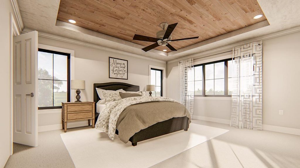 Master bedroom w/ coffered ceiling and recessed lights, sicily king bed, side table with lamps, a windows, and cove ceiling with fan