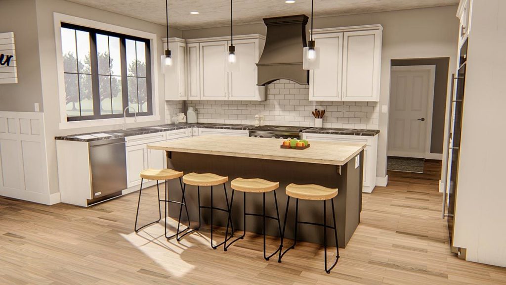 L-shaped kitchen equipped w/ a breakfast island with 4 stools, kitchen hood with white cabinets, and a refrigarator at the right side.