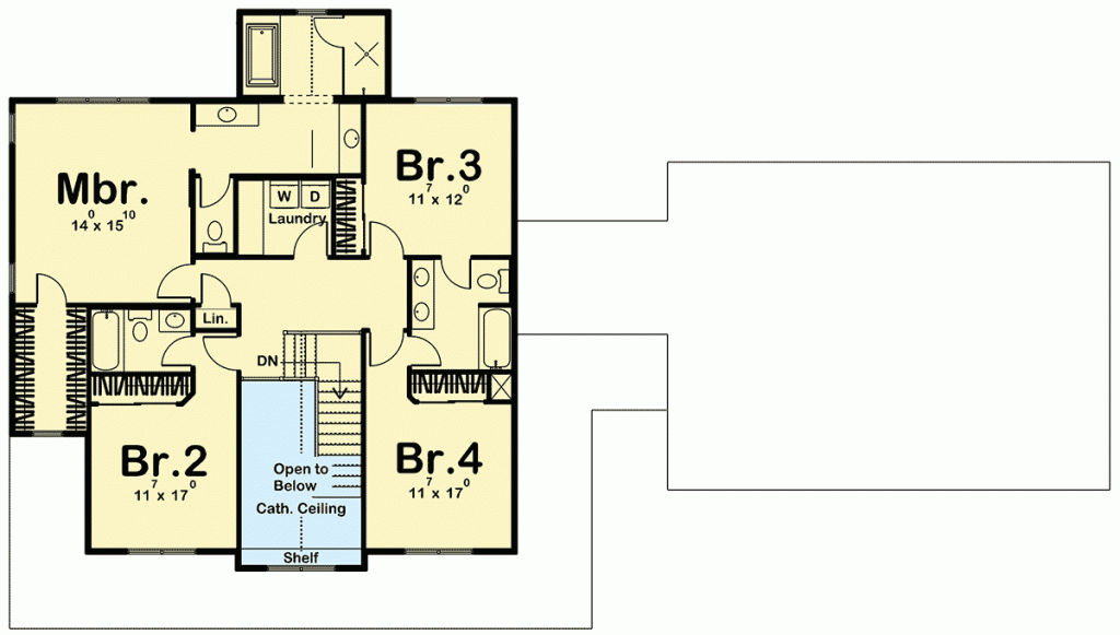 Second-floor-plan with four bedroom including master bedroom, laundry, and two bathroom