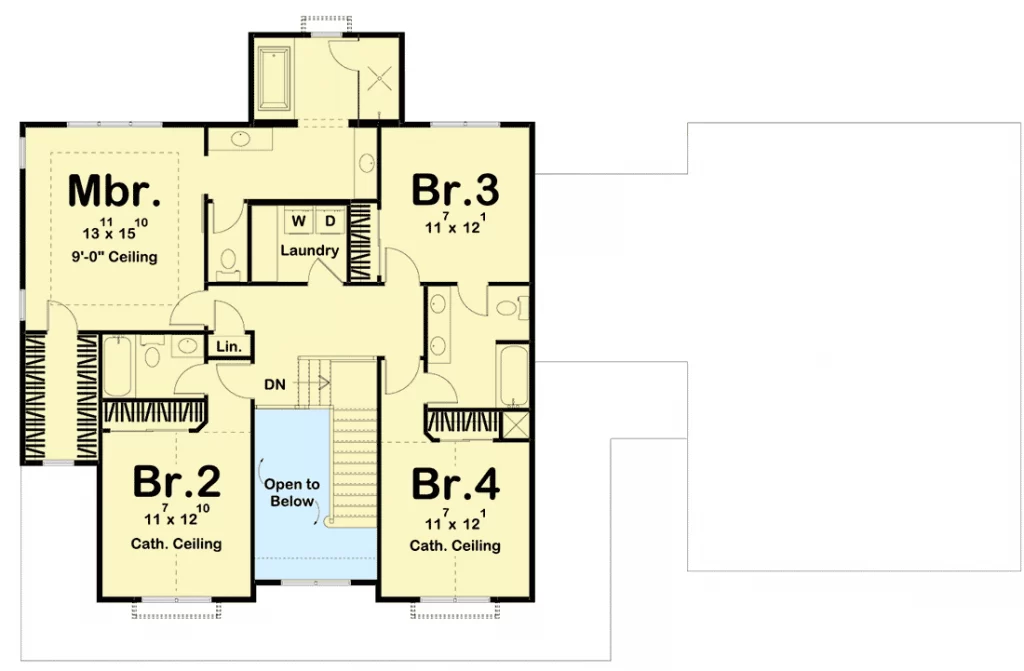 Second-floor plan with 4 bedrooms, including a master bedroom.