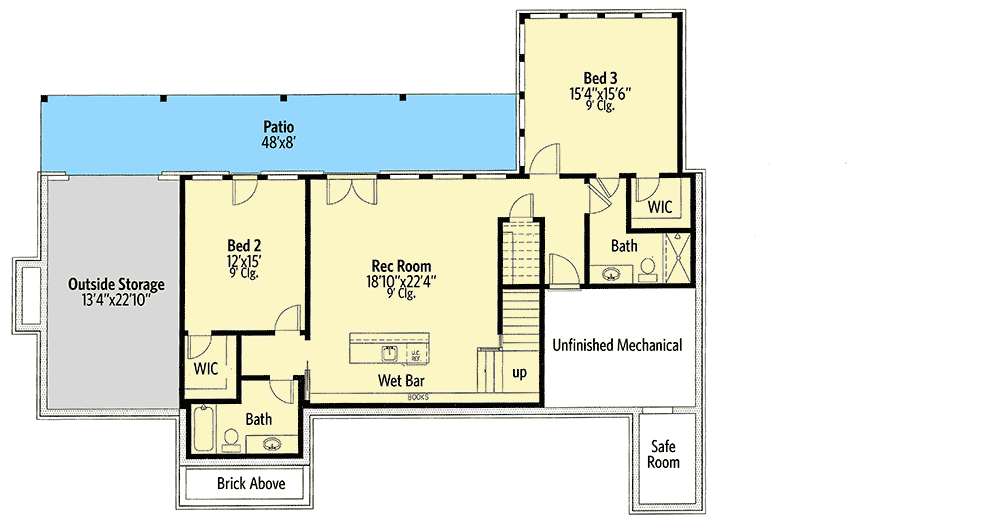 Lower level with patio, outside storage, rec room and wet bar.
