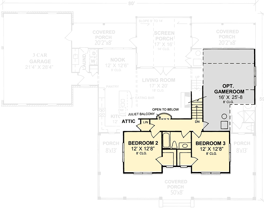 Second-floor plan with 2 bedrooms and an optional gameroom.