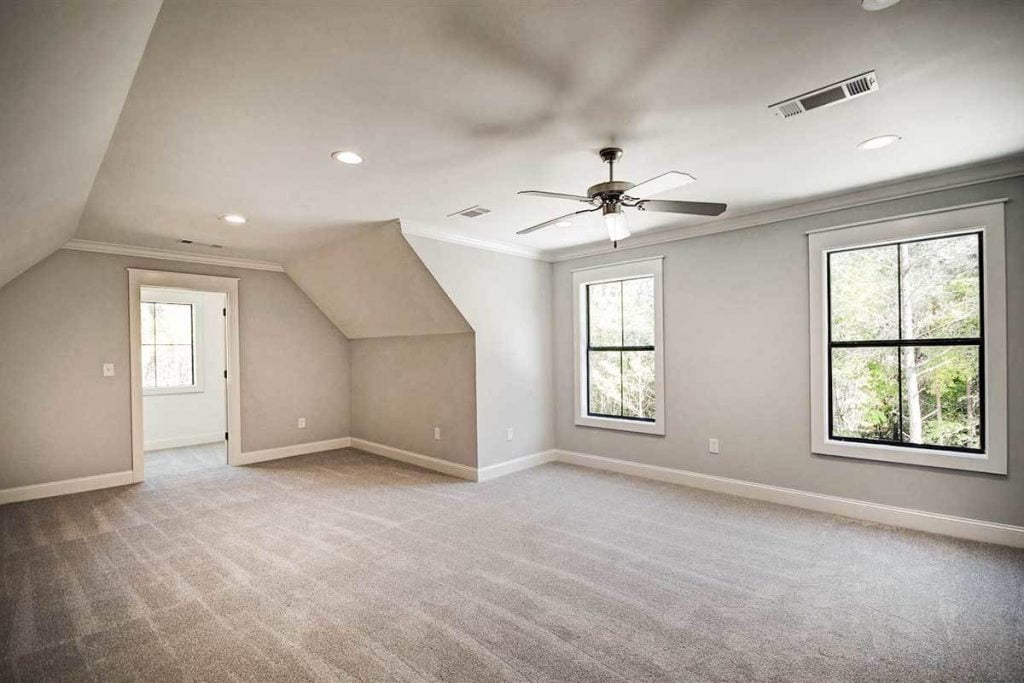 Bonus room showcasing carpet flooring  and white trim.