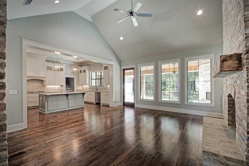 Spacious family room and kitchen angle view.