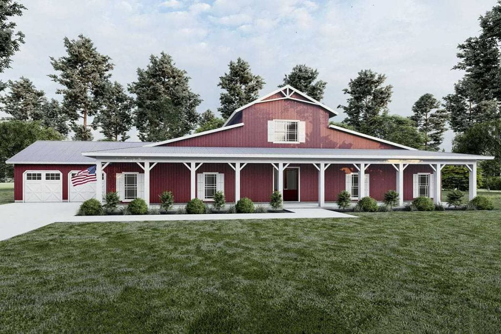 Front view with the expansive covered porch with white columns, and 2-car garage at the side.
