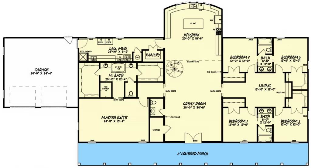 First-floor plan of the 5-bedroom 2-story barn-style House with a covered porch, great room, living room, kitchen, laundry room and mudroom, master bath, 2-car garage, and 5 bedrooms including the master suite.