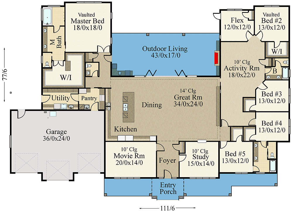 Main level floor plan of the single-story house with movie room, study room, dining area, great room, kitchen area with utility and pantry, activity room, 5 bedrooms including master bedroom and 3 bathroom including master bathroom and a half bathroom, flex room and the outdoor living area.