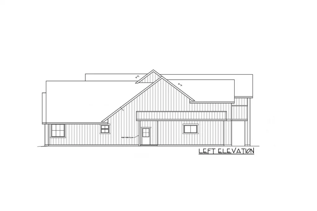 Left elevation sketch of 4,841 sq. Ft. modern barndominium w/ 3-car garage