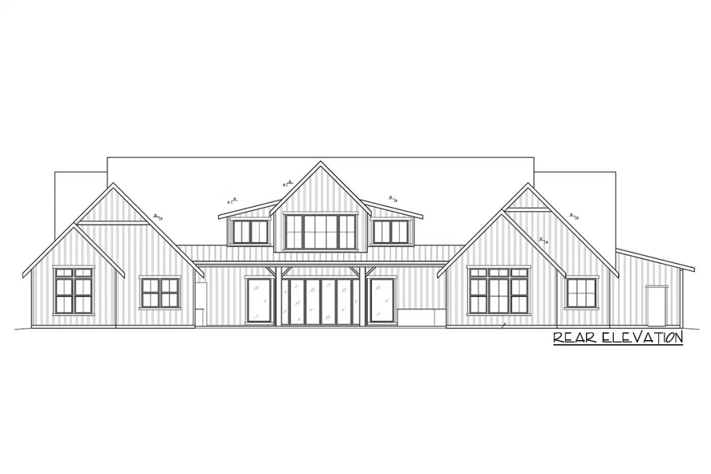 Rear elevation sketch of the 4,841 sq. Ft. modern barndominium w/ 3-car garage