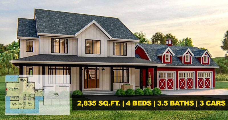 Two-story house with barn-style garage,  and covered porch