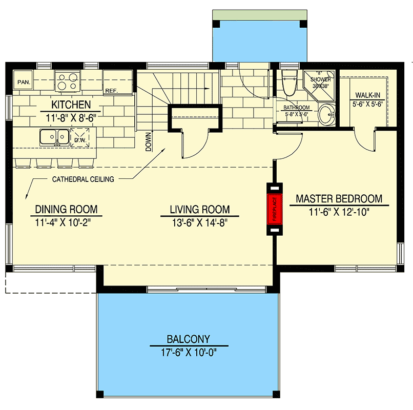 First level floor plan of the Cubist-like Contemporary Sloping Lot House with kitchen, dining room, living room, master bedroom, and balcony.