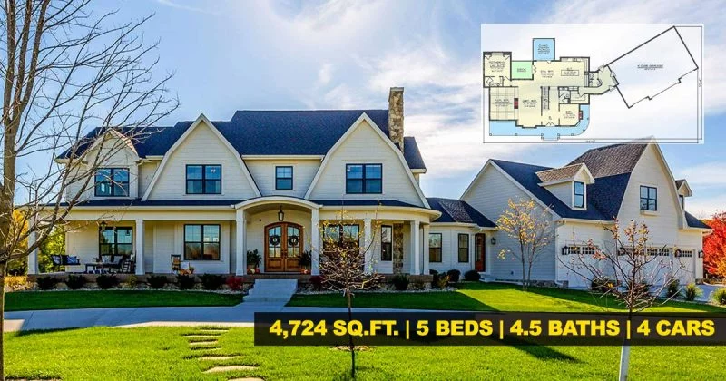The front view of the 5-bedroom 2-story modern farmhouse.