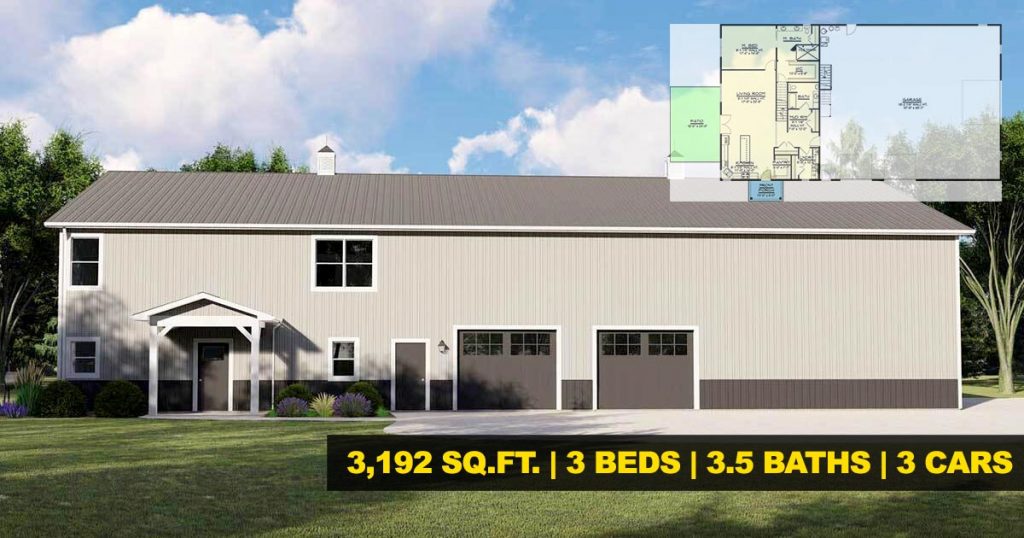 3,192 sq. ft. barndominum floorplan with a massive garage, side exterior view with two garage doors