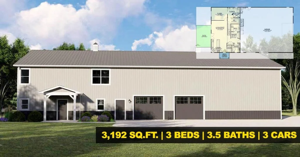 3,192 sq. ft. barndominum floorplan with a massive garage, side exterior view with two garage doors