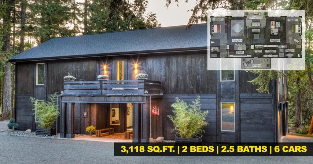 an exterior view of over 3000 square feet barndominium with a small floorplan layout in the right upper corner and main home stats at the bottom