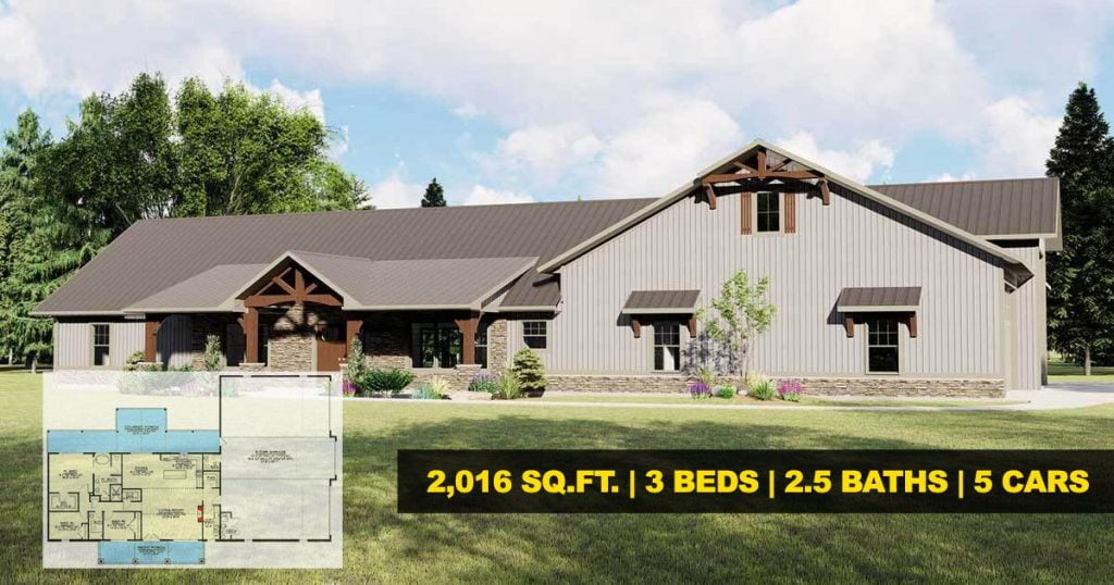 an exterior view of sandy grey barndominium featuring 3 bedrooms and 2.5 bathrooms