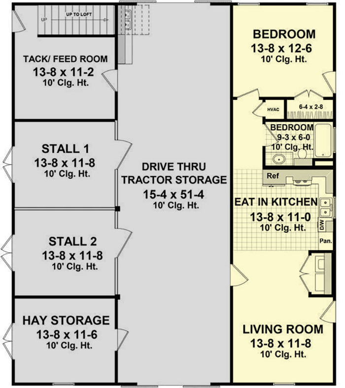 First-floor-plan with drive thru tractor storage, 2 stall, hay storage, living room, kitchen, bedroom and bathroom