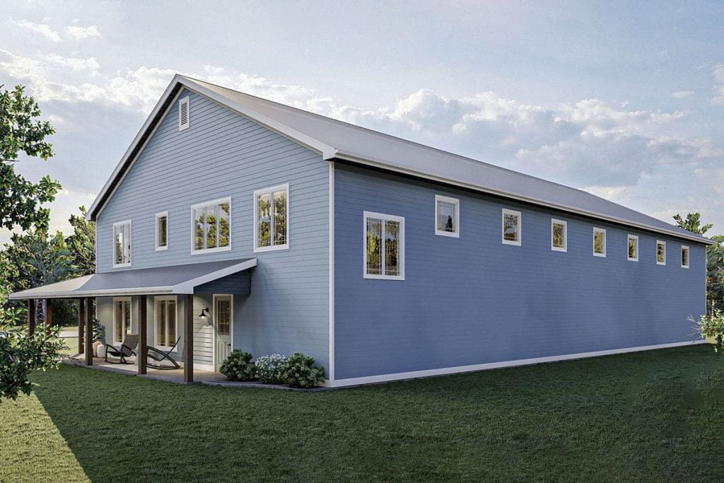 Angled front right-side view of the house with the covered patio seen