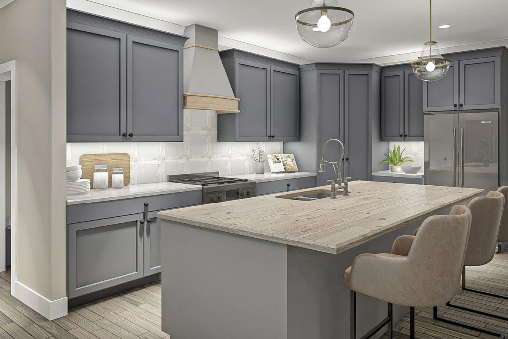 The kitchen shows a granite kitchen island and countertop, cozy chairs, and grey themed kitchen cabinets