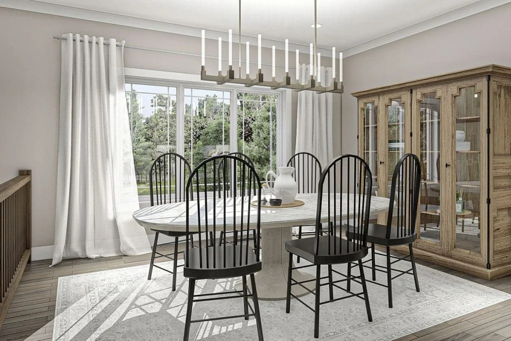 The dining area shows a wooden cabinet, a granite table, a chandelier, and metal dining chairs