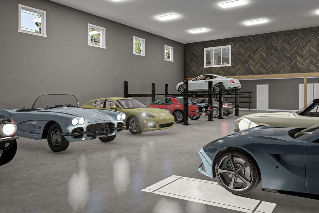 3D render of the attached shop/garage with a 2-story ceiling shows cars