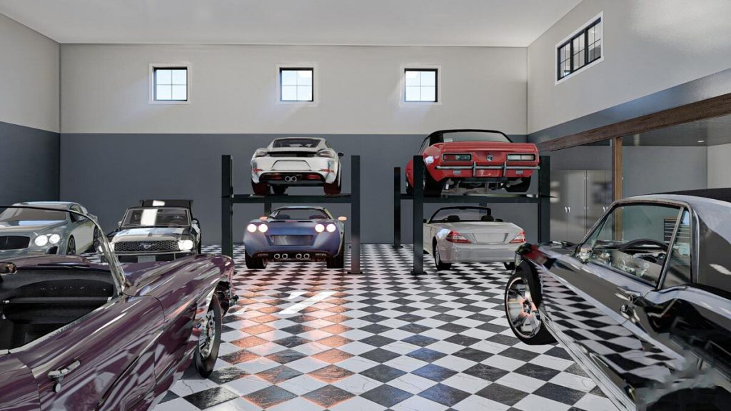 View of the workshop garage, with different cars and small windows to let in natural light.