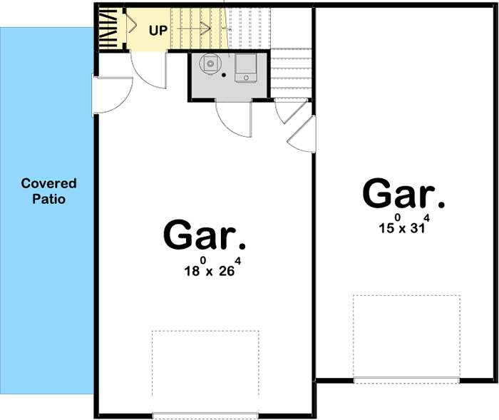 First level floor plan of the Outstanding Modern Garage Apartment with a covered patio, and a 2-car garage.