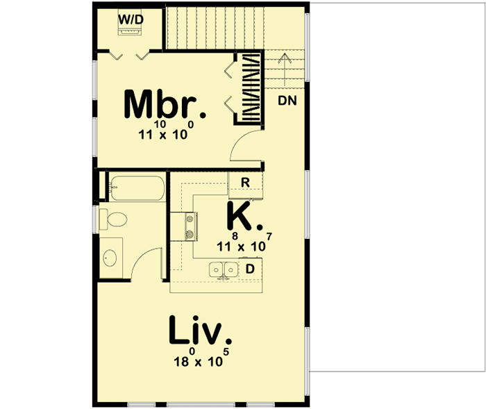 Second level floor plan of the Outstanding Modern Garage Apartment with a living room, kitchen, and the main bedroom.