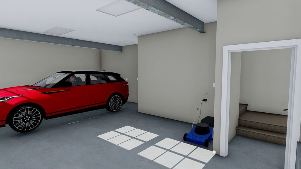 View of the garage area showing the wide carport that can fit up to two cars with an entry doorway passing thru the main floor.
