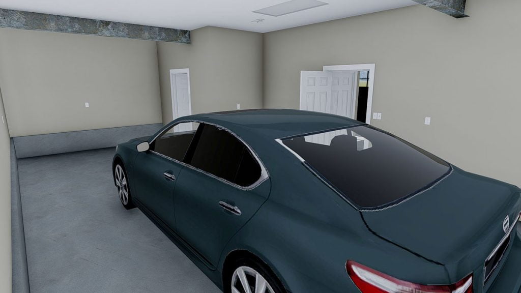 View of the garage area from a different angle with the small mechanical room, and an entry doorway.