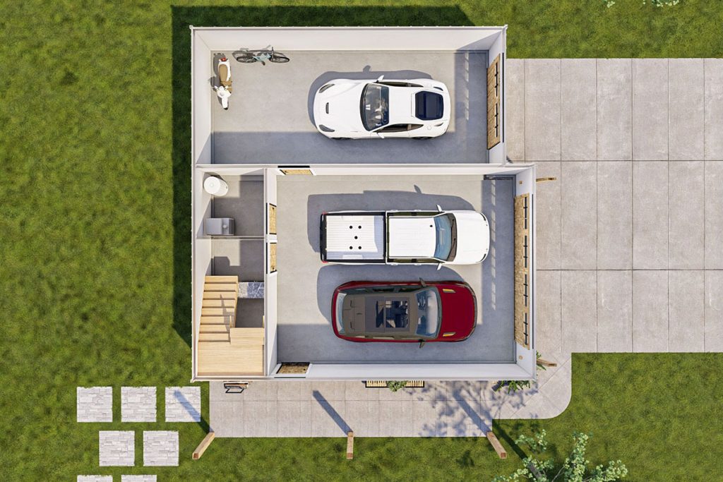 3D top view of the garage layout with 3-cars, merch room, stairs and covered porch