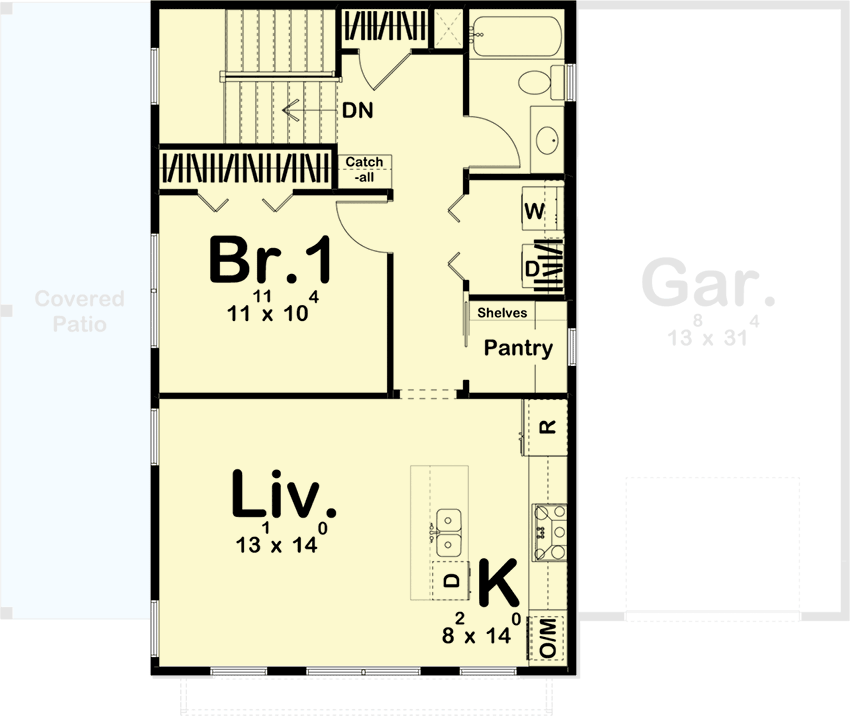 Second floor plan with bedroom, living room, pantry, down stairs, and kitchen