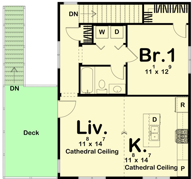 Second level floor plan of the Interesting Garage Apartment or ADU with deck, living room, kitchen, and a bedroom.