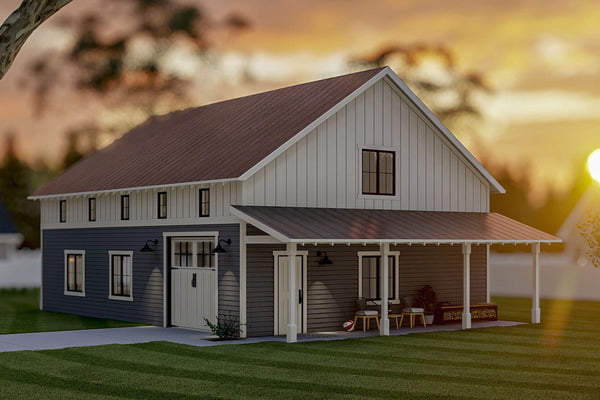 Angled right-front view rendering of the Detached Garage Barndominium.