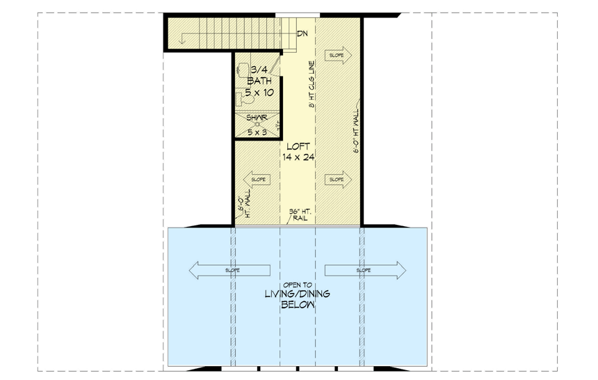 Second level floor plan of the 2,534 sq. ft. Grand Barndominium with a loft and a bathroom.