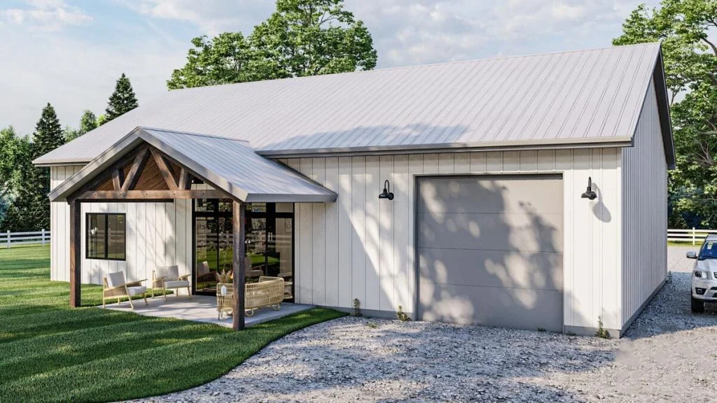 Angled rearview shows a stone pathway, a metal garage door, a covered porch with a patio, and a glass sliding door 