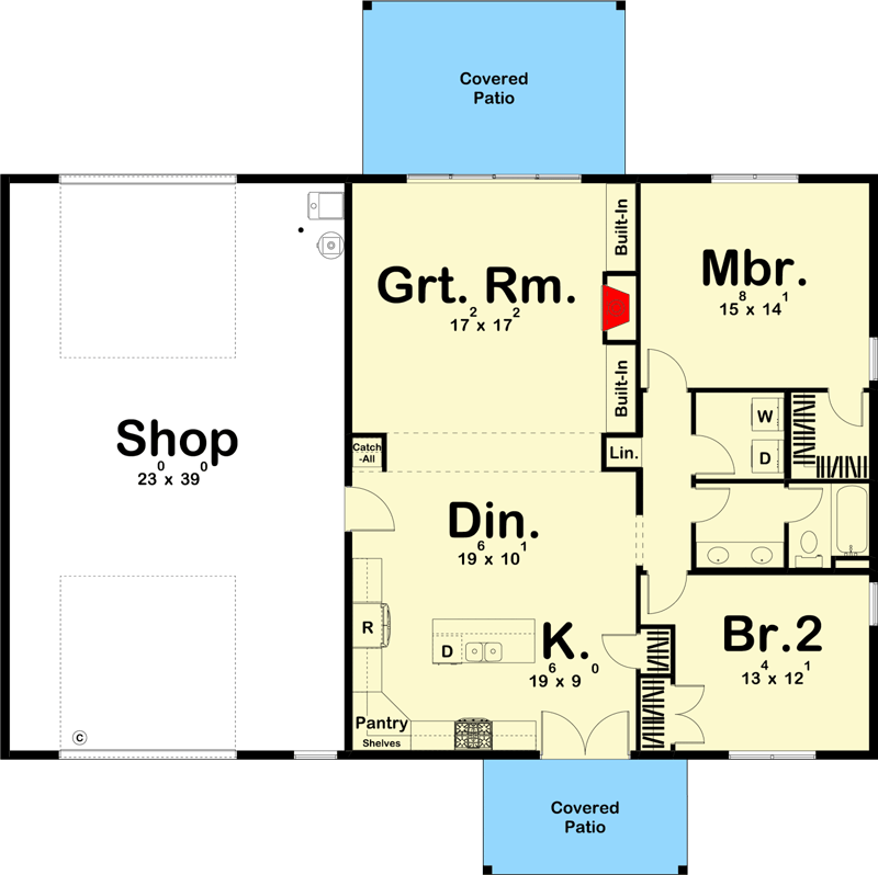 Main level of the budget-friendly garage apartment with a covered patio on front and back, great room, dining area, kitchen, pantry, a bathroom. 2 bedrooms, and a 2 car garage 
