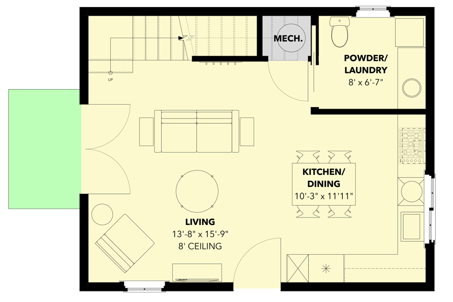 First level floor plan of the Wheelchair Accessible Cozy Cottage Plan with living room, kitchen, dining area, powder/laundry room.