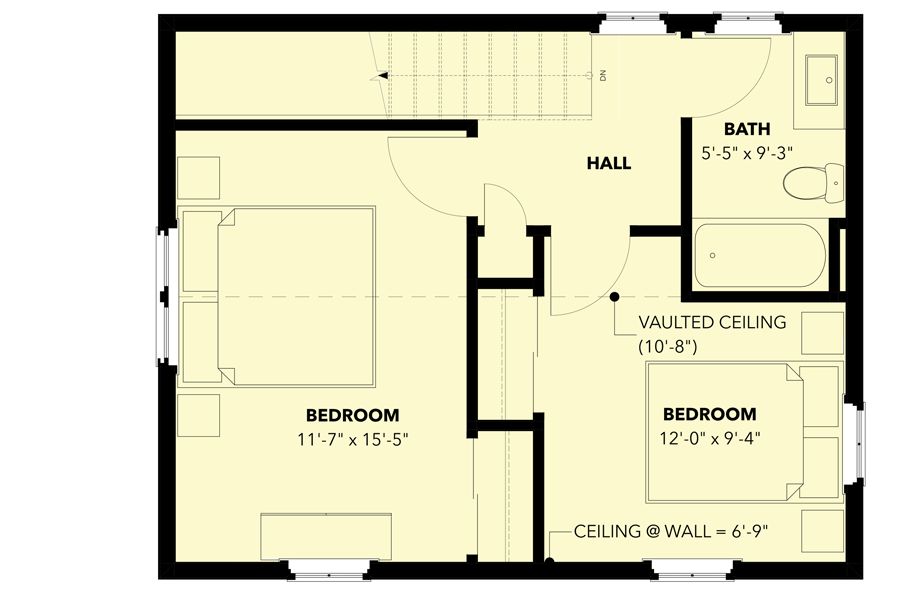 Second level floor plan of the Wheelchair Accessible Cozy Cottage Plan with a bathroom, hall, and 2 bedrooms.