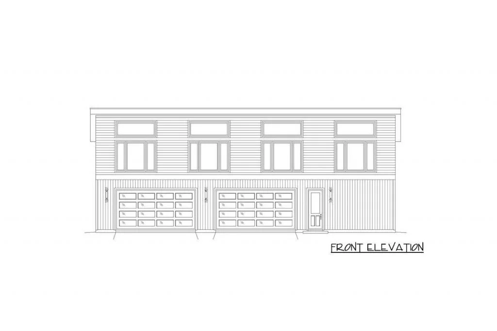 Front elevation sketch of the Trendy 2BHK Contemporary Barndominium.