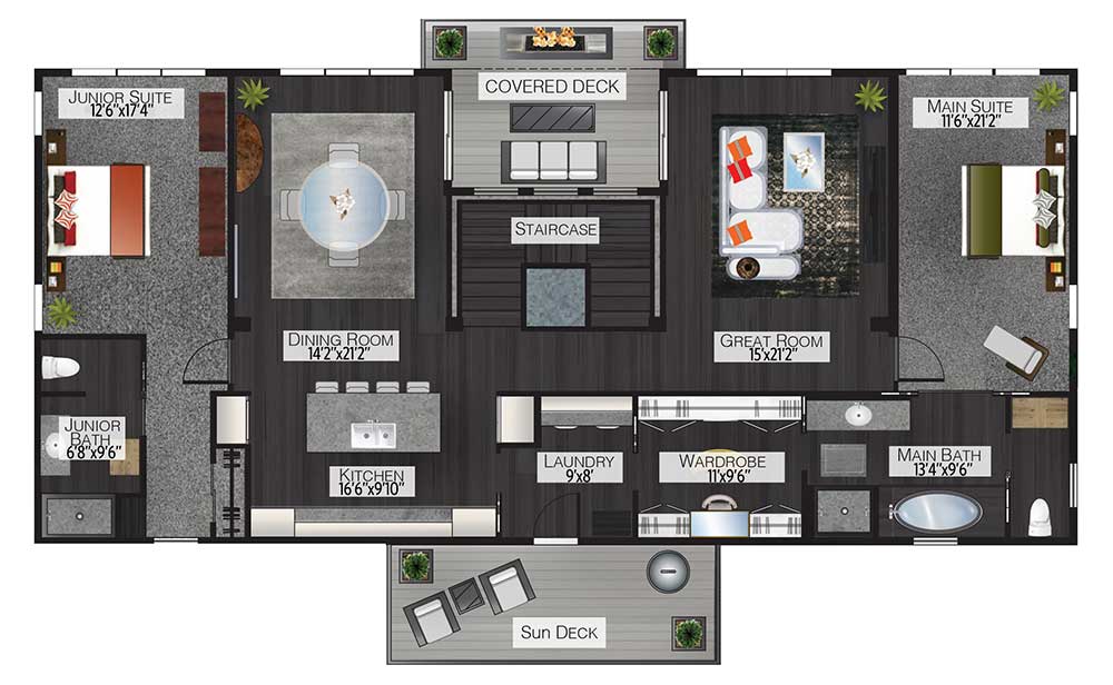 Main level floor plan of the vintage country style barndominium 