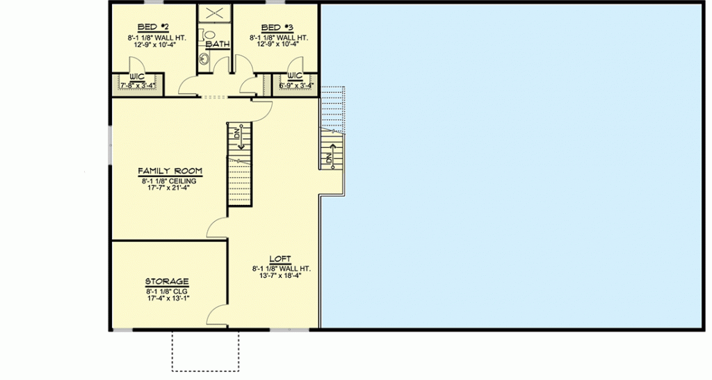 2nd level floor plan of the barndominium with a loft, storage, family room, and 2 bedrooms.