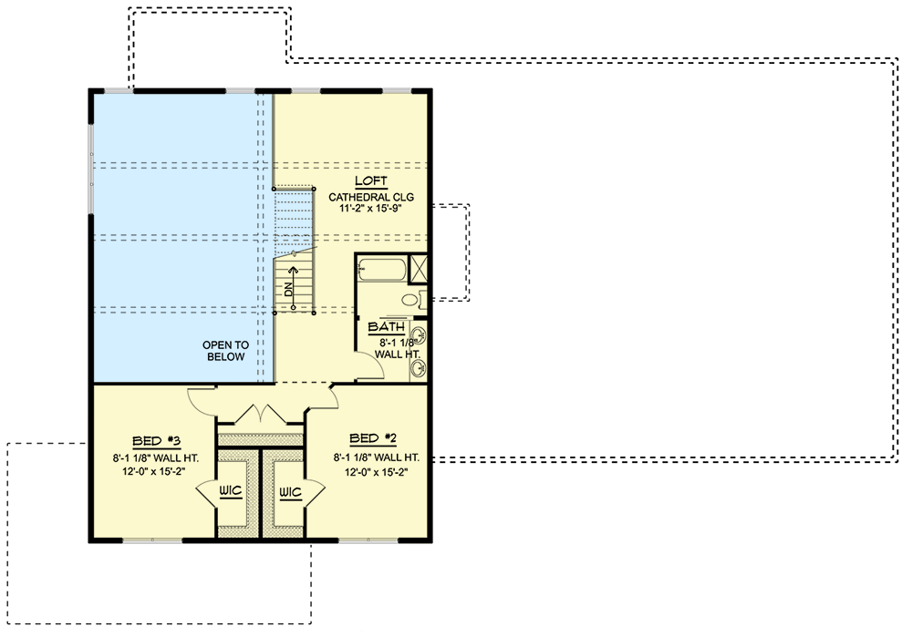 Second level floor plan of the country house barndominium with  aloft, 2 bedrooms with walk-in-closet each, a bathroom and an open space over seeing the dining and living room.
