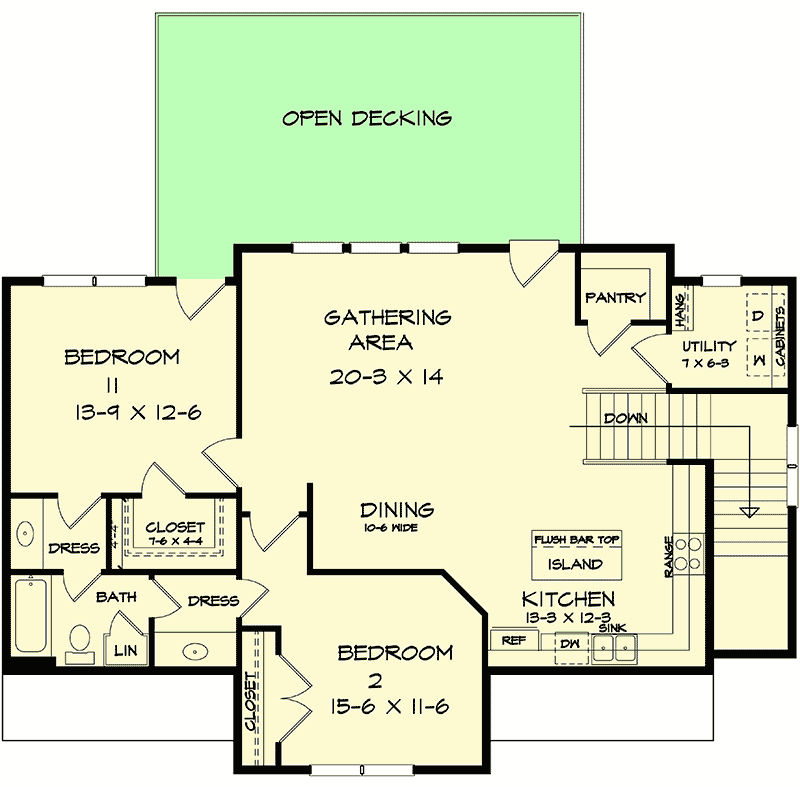 Second level floor plan of the Refined Garage Apartment & Open Deck barndominium with 2 bedrooms including walk-in-closets and bathroom, kitchen, dining room, pantry, utility room, a gathering area, and an open deck.