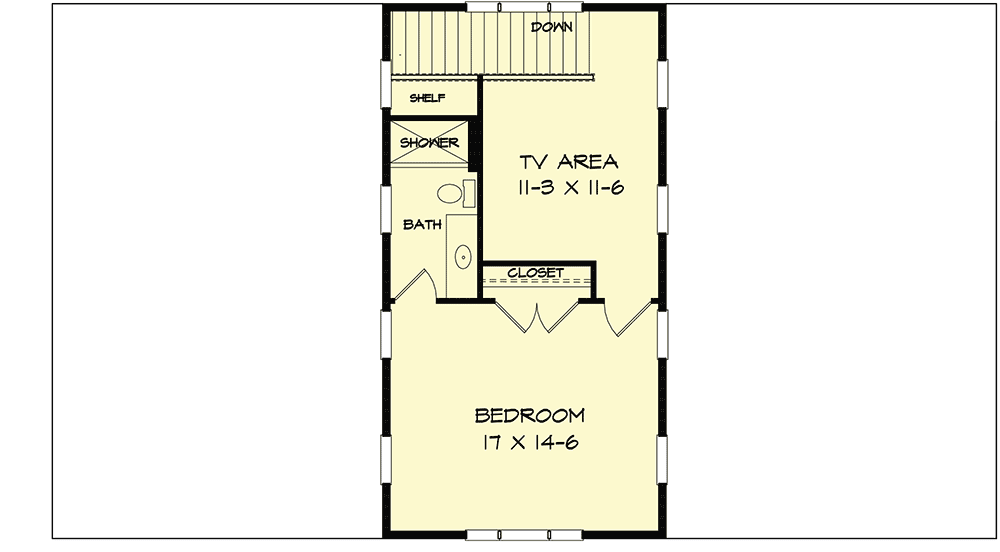 2nd level floor plan of the Brilliant Barn-like Ranch barndominium with a tv area, and a bedroom.