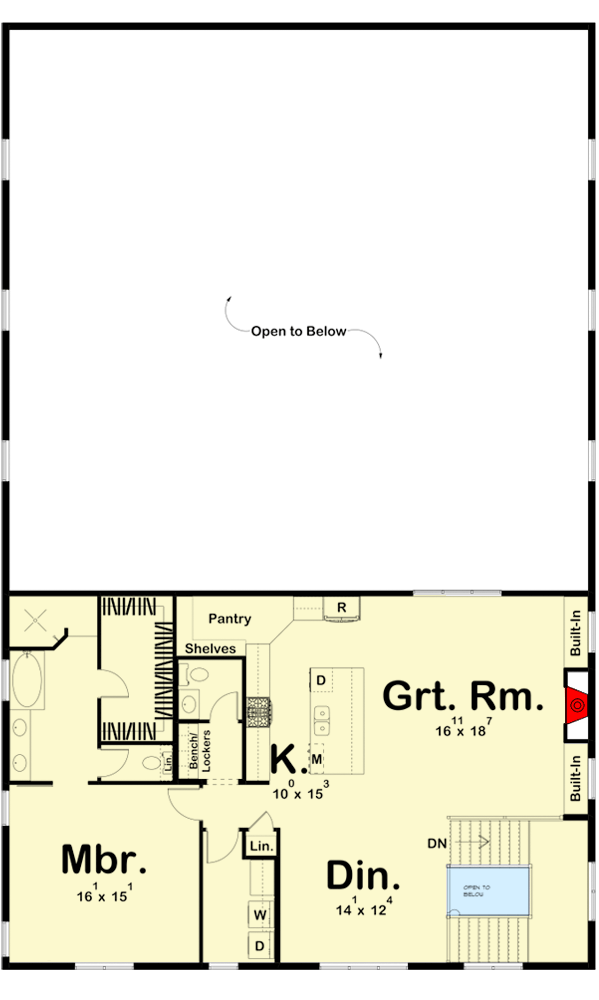 2nd level floor plan of the massive garage with workshop apartment barndominium, with a great room, kitchen, dinning area, laundry room, and the main bedroom.